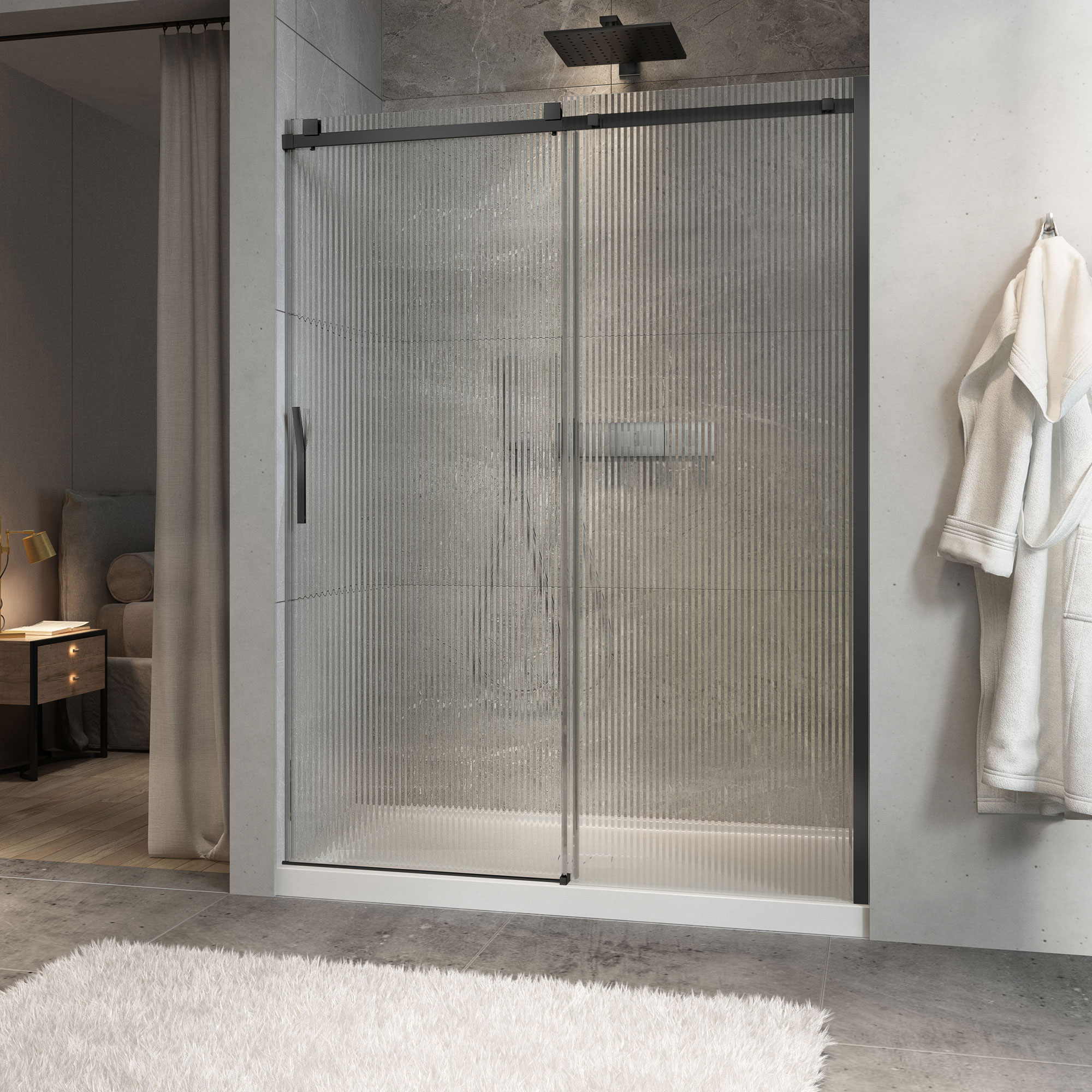 Shower door 60", in alcove, door on the left, in matte black and fluted ...